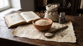 Historisches Stillleben mit antiker Papyrusrolle, handgefertigter Tonschale voller Flohsamenschalen (Psyllium / Karnıyarık Otu) und altem Arzneibuch zur Medizingeschichte von Plantago ovata