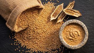 Naturbelassene goldene Sesamsamen und geöffnete Samenkapseln auf Schieferstein: Reich an pflanzlichem Kalzium und Mineralien für stabile Knochen.