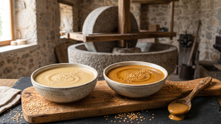 Vergleich zwischen hellem Rohkost-Tahin und traditionell geröstetem dunklem Sesammus in Keramikschalen mit Sesamsamen auf rustikalem Holztisch