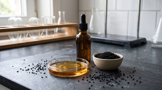 Laboranalyse von kaltgepresstem Schwarzkümmelöl mit Nigella-Sativa-Samen, Pipette und bernsteinfarbenem Öl auf Schieferplatte zur Bestimmung des Thymochinongehalts