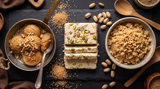 Vergleich traditioneller Halva-Sorten: Handwerkliche Tahin-Halva mit Pistazien, warme Mehl-Helva und körnige Grieß-Halva auf rustikalem Hintergrund.