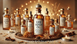 A high-definition image showcasing a collection of 'Udi Hindi Öls' elegantly displayed on a wooden tray. The bottles have sleek, amber glass designs with udi hindi oils.