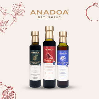 Anadoa Naturhaus - Zypressenzapfen Sirup, Granatapfel Sirup, Schwarzkümmelöl