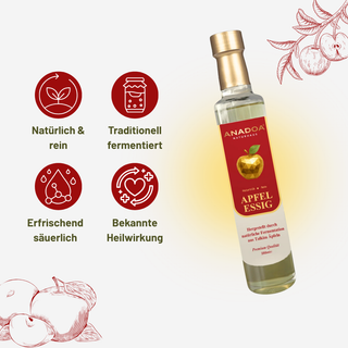 apfel essig, natürlich, traditionell fermentiert, erfrischen säuerlich, bekannte heilwirkung 