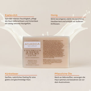 eselsmilch und honig seife mit luffa - kürbisfaser - pflanzliche öle