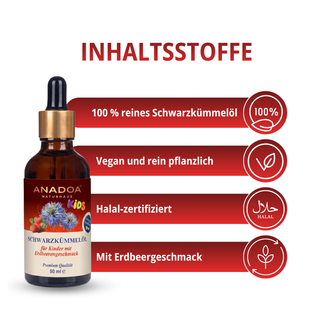 Nährwerttabelle und ANADOA KiDS Schwarzkümmelöl Erdbeere
