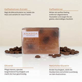 kaffee seife - ph neutrale seife - handgemachte seife - kaffeebohnen-extrakt - kaffeekörner - olivenöl - natürliche glycerin