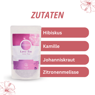 love tee zutaten: hibiskus, kamille, johanniskraut und zitronenmelisse