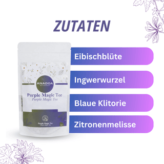 purple magic tee zutaten: Eibischblüte, ingwerwurzel, blaue klitorie, zitronenmelisse
