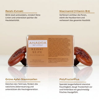 reishi seife - ph neutrale - handgemachte seife - reishi extrakt - niacinamid - vitamin b3 - grüne apfel-stammzellen - polyFructolPlus