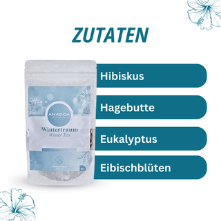 wintertraum tee zutaten: hibiskus, hagebutte, eukalyptus und eibischblüten